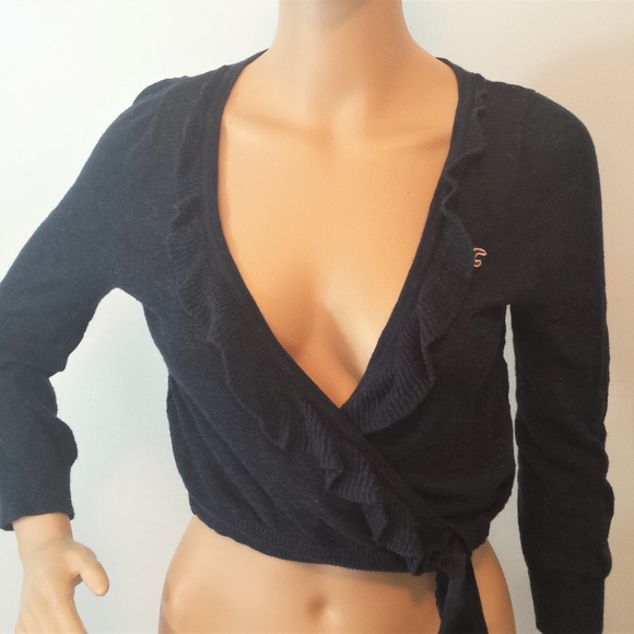 Hollister Sweaters - Dark Blue Hollister Cropped Ruffle Tie Cardigan